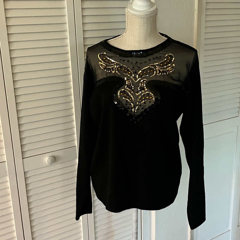 Semplice Elegant‎ Black Wool Sweater, sheer panel, sequins & beads size L